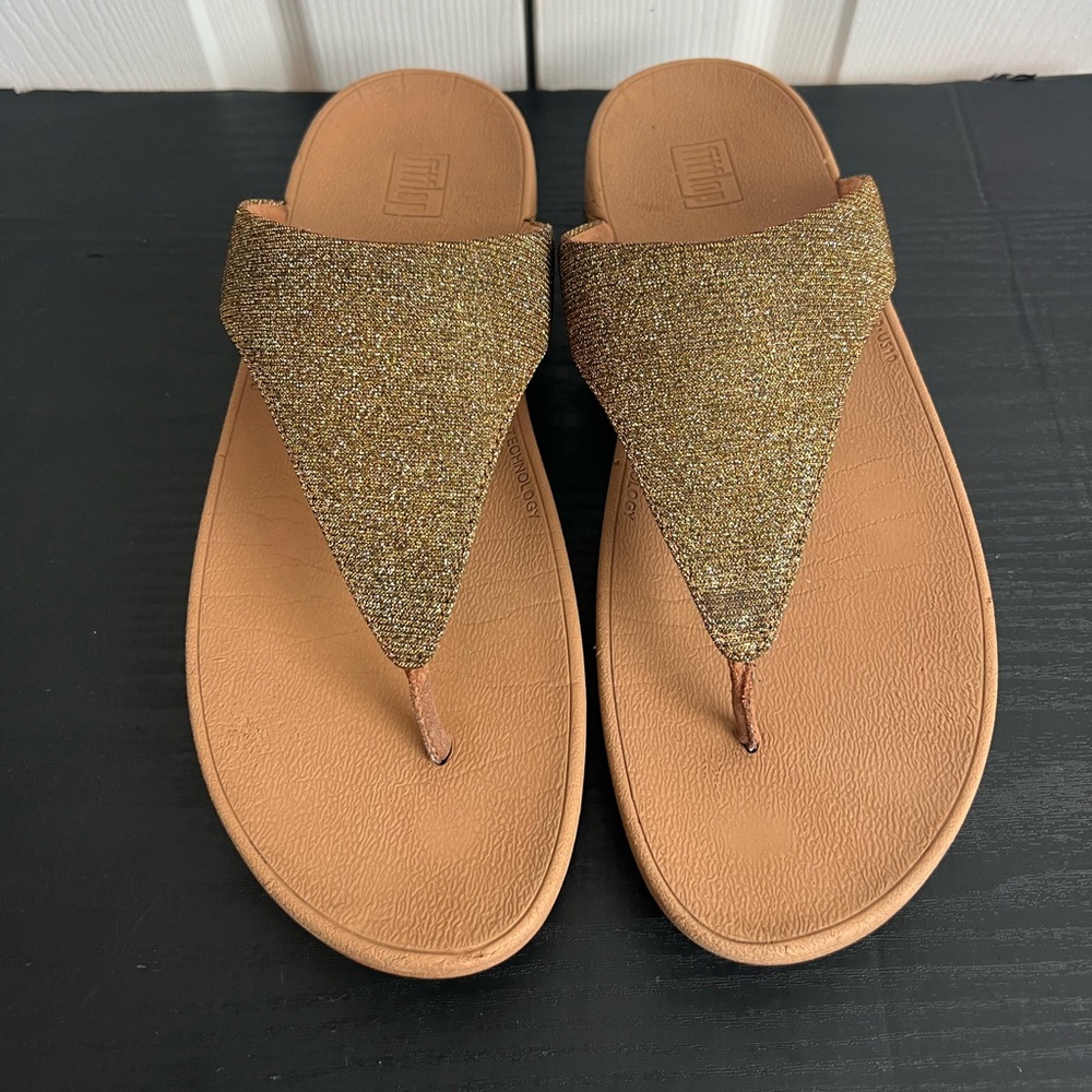 Fitflop Lottie Glitzy Shimmery Glitter Gold Platform Thong Flip Flop Sandals 10